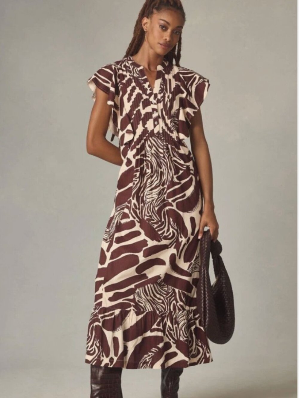 Maeve Anthropologie Brown and Cream Printed Maxi Dress with Ruffle Trim